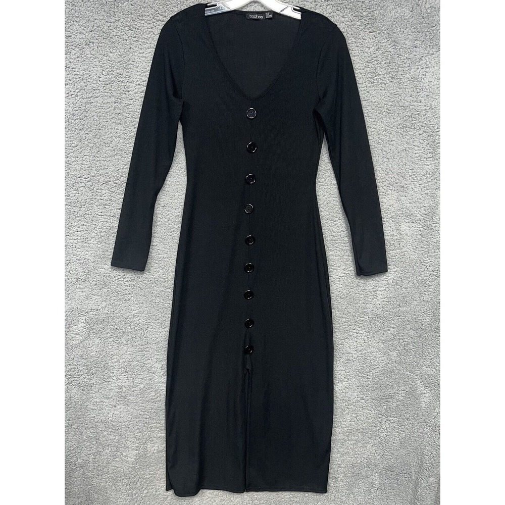 Boohoo Dress Women's Sz 8 Black Ribbed Long Sleeve  Large Button Accents Slip On